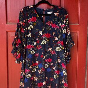 Calvin Klein V-Neck 3/4 Sleeve Crinkled Chiffon Blue Floral Shift Dress